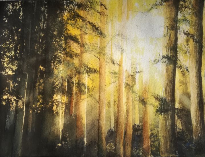 Peinture intitulée "Séquoias lumineux" par Guylaine, Œuvre d'art originale, Aquarelle