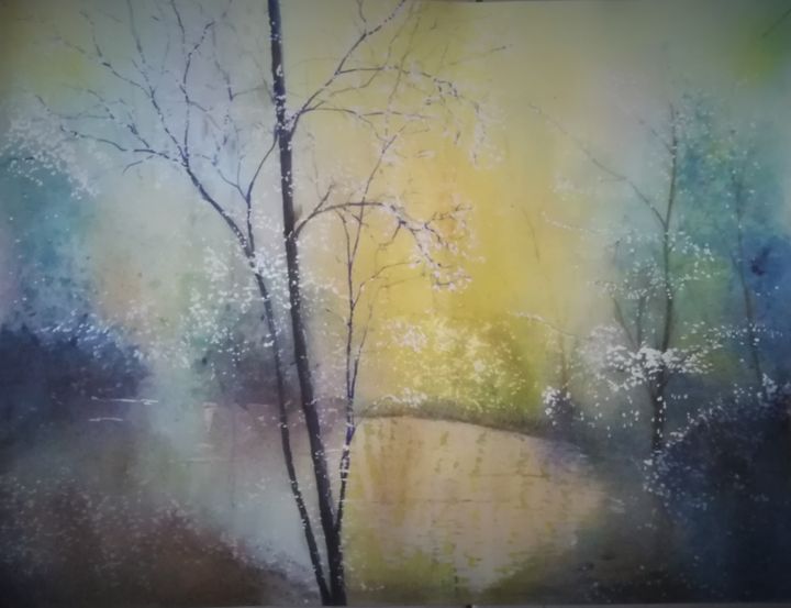 Painting titled "Printemps matinal" by Guylaine, Original Artwork, Watercolor