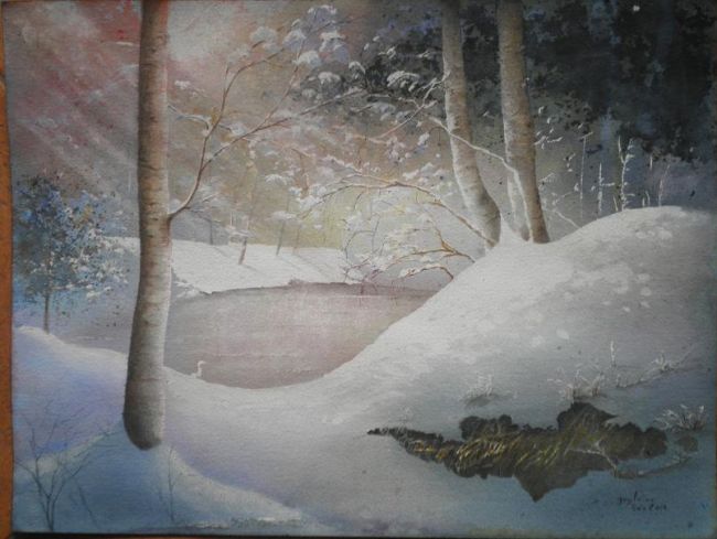 Peinture intitulée "lac sous la neige" par Guylaine, Œuvre d'art originale, Aquarelle