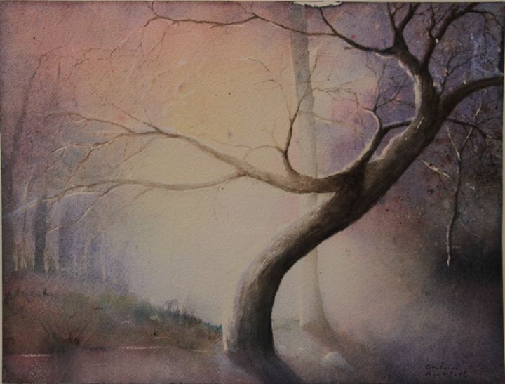 Painting titled "arbre-seul-2.png" by Guylaine, Original Artwork, Watercolor