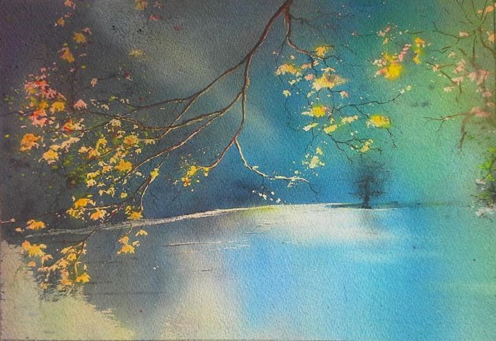 Painting titled "lac-bleu" by Guylaine, Original Artwork, Watercolor