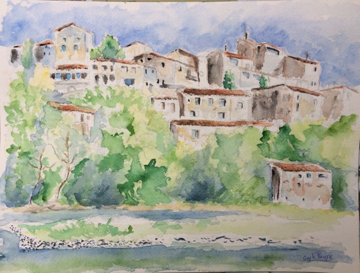 Painting titled "village de Balazuc" by Guyle Rayne, Original Artwork, Watercolor