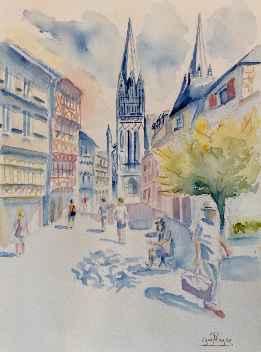 Painting titled "Balade à Quimper" by Guyle Rayne, Original Artwork, Watercolor