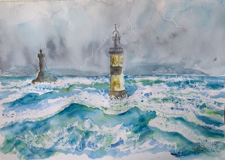 Peinture intitulée "Tempête en mer" par Guyle Rayne, Œuvre d'art originale, Aquarelle