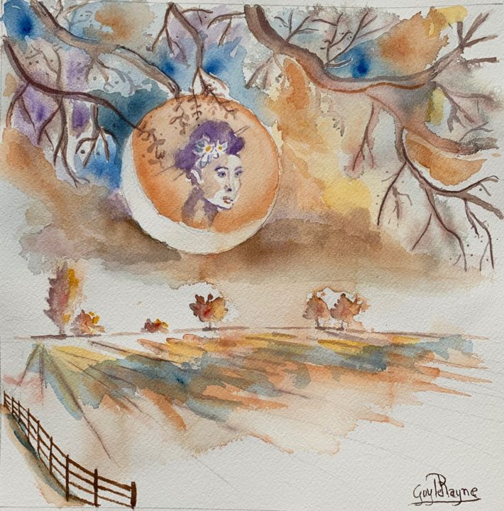 Painting titled "La lune en médaillon" by Guyle Rayne, Original Artwork, Watercolor