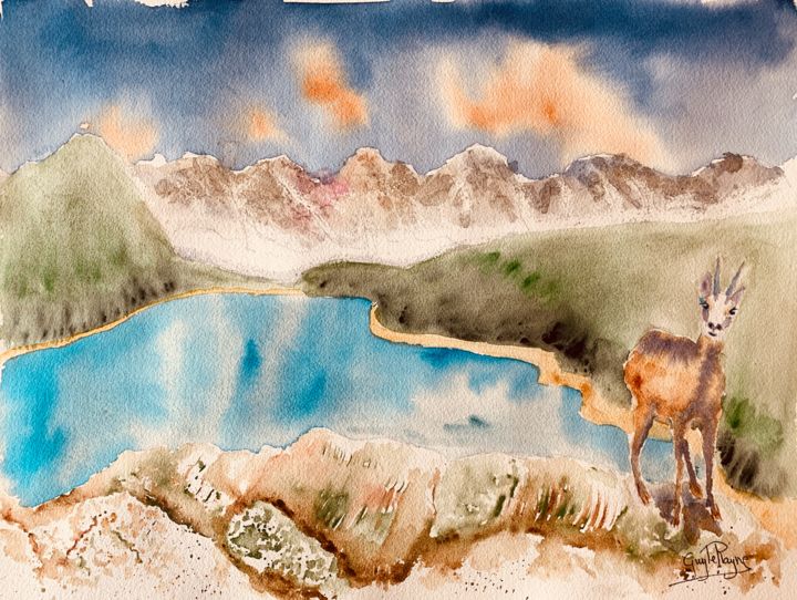 Peinture intitulée "Chamois dans la mon…" par Guyle Rayne, Œuvre d'art originale, Aquarelle