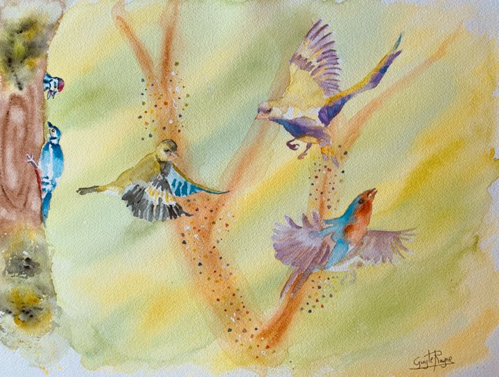 Peinture intitulée "Fais comme l’oiseau" par Guyle Rayne, Œuvre d'art originale, Aquarelle