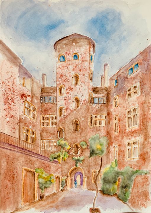 Peinture intitulée "La tour rose ou mai…" par Guyle Rayne, Œuvre d'art originale, Aquarelle