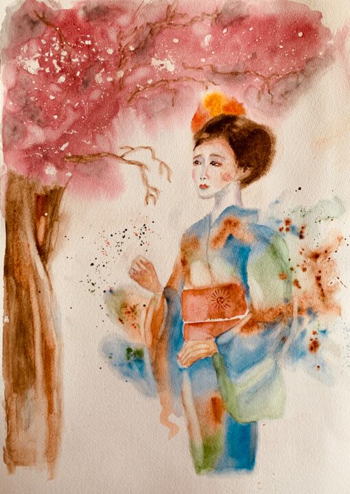 Painting titled "Geisha sous un ceri…" by Guyle Rayne, Original Artwork, Watercolor