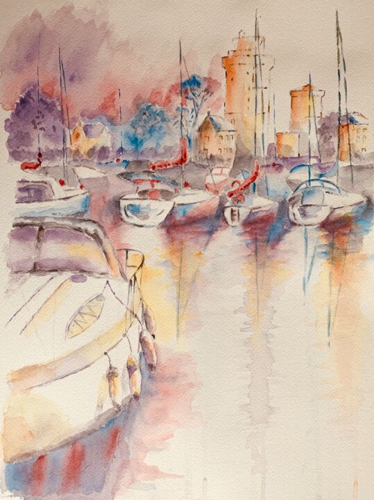 Painting titled "Port de La Rochelle…" by Guyle Rayne, Original Artwork, Watercolor