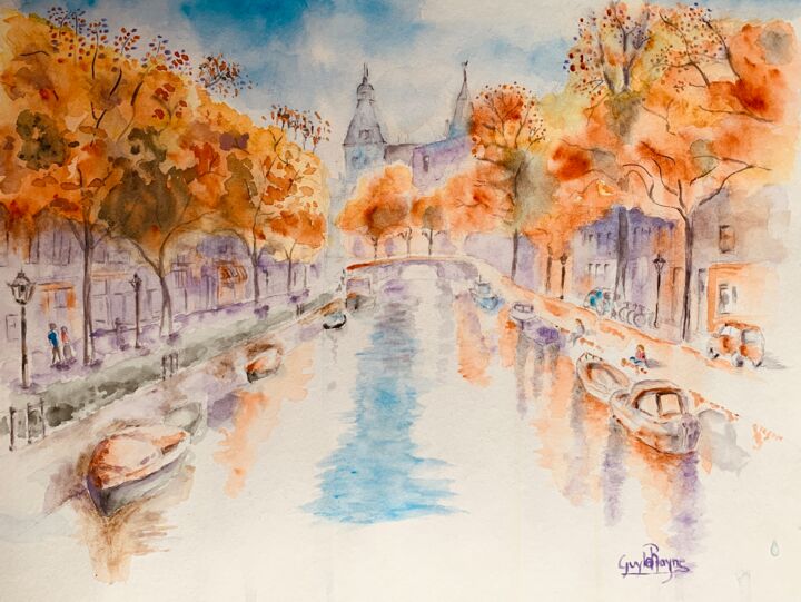 Peinture intitulée "Canal d’Amsterdam" par Guyle Rayne, Œuvre d'art originale, Aquarelle