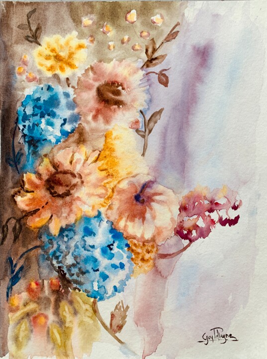 Peinture intitulée "Composition florale" par Guyle Rayne, Œuvre d'art originale, Aquarelle