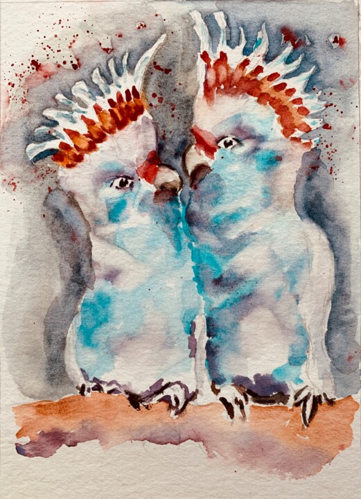 Peinture intitulée "Couple de perruches…" par Guyle Rayne, Œuvre d'art originale, Aquarelle
