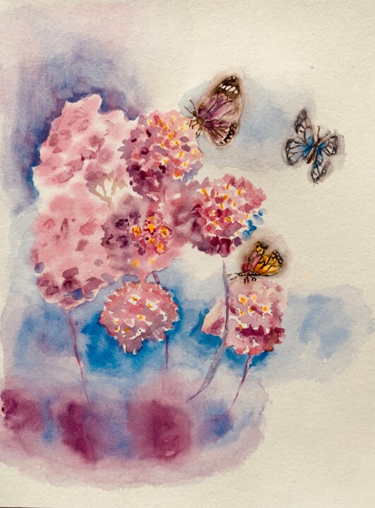 Peinture intitulée "Fleurs et papillons" par Guyle Rayne, Œuvre d'art originale, Aquarelle