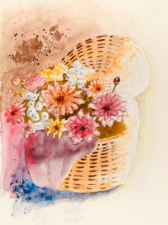 Peinture intitulée "Dahlias dans un pan…" par Guyle Rayne, Œuvre d'art originale, Aquarelle