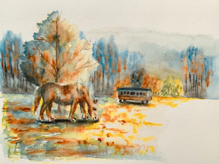 Schilderij getiteld "Un percheron dans u…" door Guyle Rayne, Origineel Kunstwerk, Aquarel