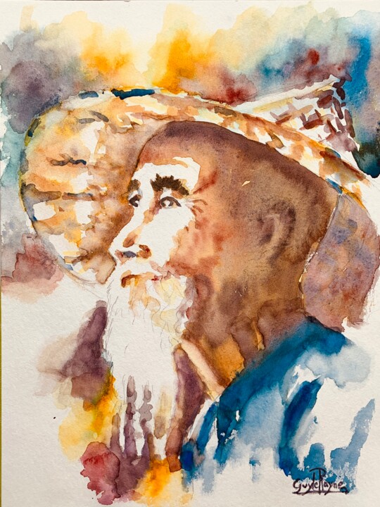 Painting titled "Le sage chinois" by Guyle Rayne, Original Artwork, Watercolor