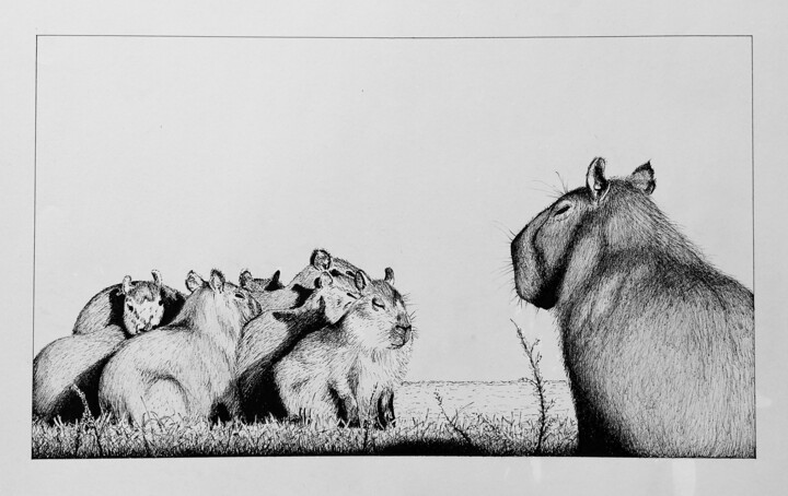 Dessin intitulée "Capibara family war…" par Guy Mijten, Œuvre d'art originale, Encre