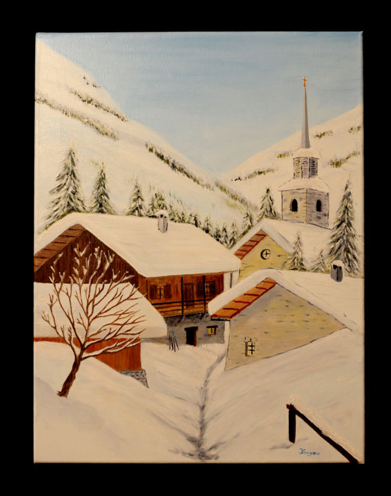Painting titled "Village alpin sous…" by Jean Guyou, Original Artwork, Oil