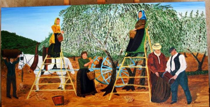 Pintura intitulada "La cueillette des o…" por Jean Guyou, Obras de arte originais, Óleo