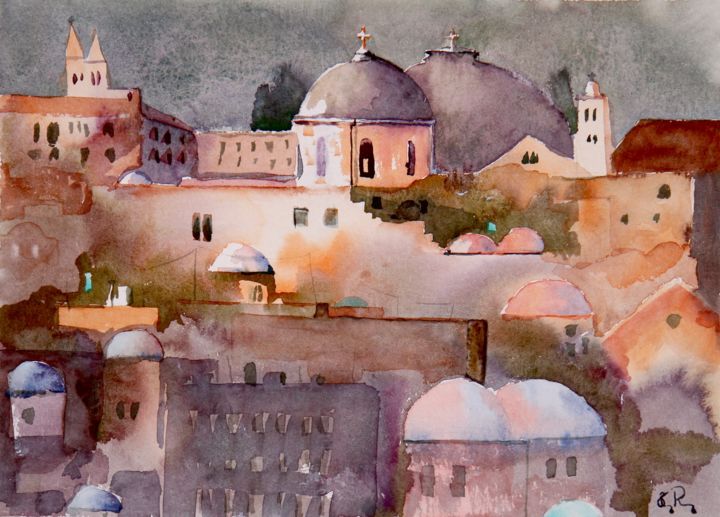 Painting titled "Le lever des dômes…" by Guy Rossey, Original Artwork, Watercolor