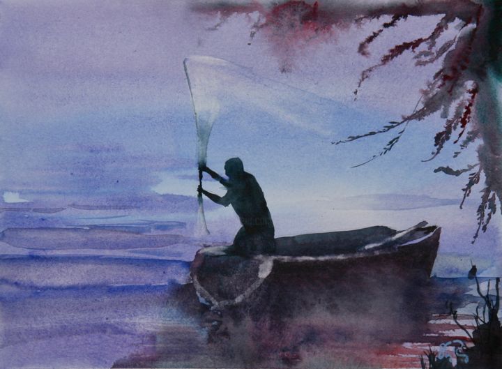 Schilderij getiteld "La pêche nocturne" door Guy Rossey, Origineel Kunstwerk, Aquarel