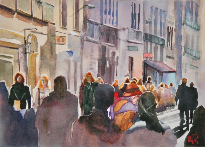 Painting titled "Rue animée" by Guy Rossey, Original Artwork, Watercolor