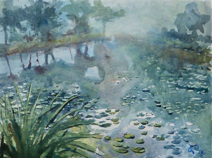 Peinture intitulée "L'étang aux nénupha…" par Guy Rossey, Œuvre d'art originale, Aquarelle