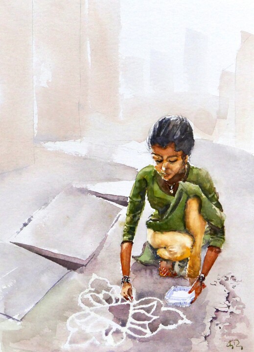 Painting titled "Indienne dessinant…" by Guy Rossey, Original Artwork, Watercolor