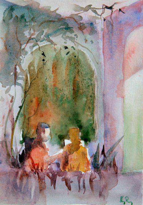 Painting titled "In the patio under…" by Guy Rossey, Original Artwork, Watercolor
