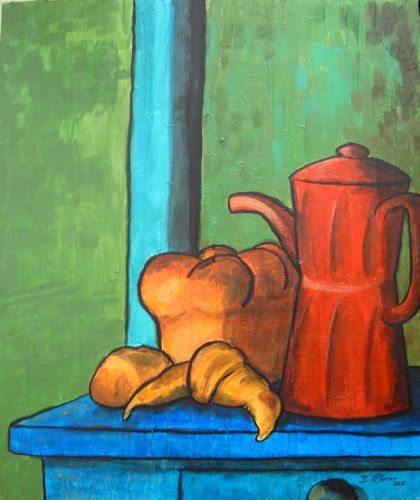Pintura titulada "La cafetière rouge" por Guy Terrier, Obra de arte original, Oleo