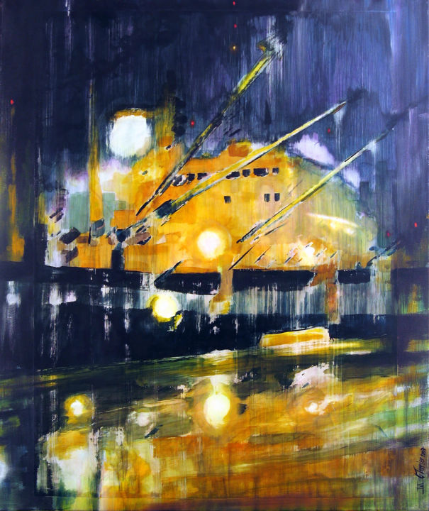Painting titled "Tokyo, cargo de nuit" by Guy Terrier, Original Artwork, Acrylic