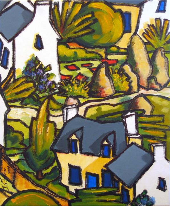 Painting titled "Dans un village IV" by Guy Terrier, Original Artwork, Acrylic