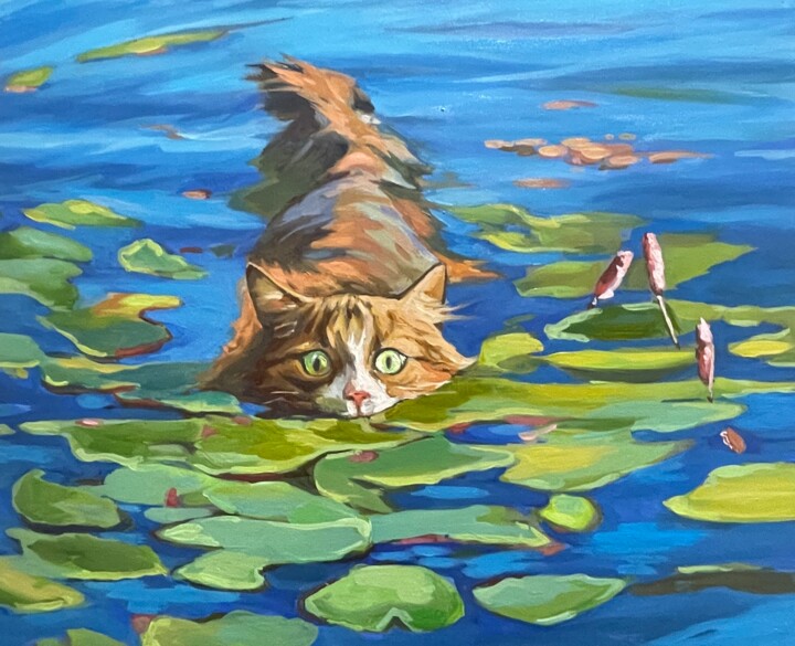 Pintura titulada "Water Cat" por Guzel Min, Obra de arte original, Oleo Montado en Bastidor de camilla de madera