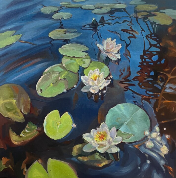 Painting titled "Magic pond" by Guzel Min, Original Artwork, Oil Mounted on Wood Stretcher frame