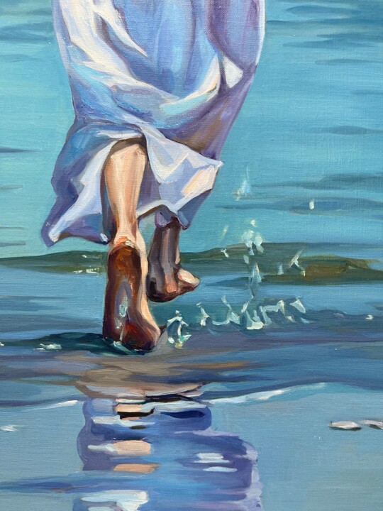 Painting titled "Woman running to th…" by Guzel Min, Original Artwork, Oil Mounted on Wood Stretcher frame