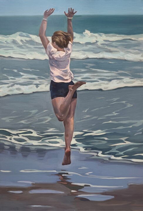 Painting titled "Sea. Reach for the…" by Guzel Min, Original Artwork, Oil Mounted on Wood Stretcher frame