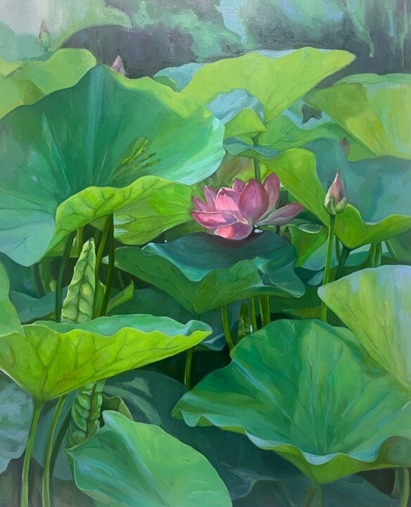 Pintura titulada "Blooming lotuses. M…" por Guzel Min, Obra de arte original, Oleo Montado en Panel de madera