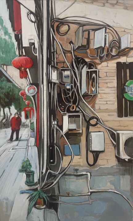 Painting titled "Asian street. Wires…" by Guzel Min, Original Artwork, Tempera