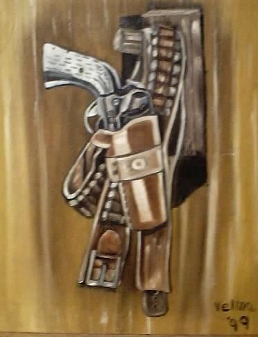 Painting titled "Pistol and Holster" by Velma Gomez, Original Artwork, Oil