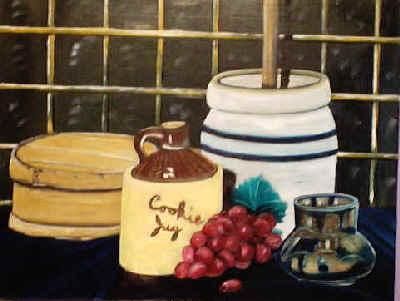 Painting titled "Cheese box and Churn" by Velma Gomez, Original Artwork, Oil