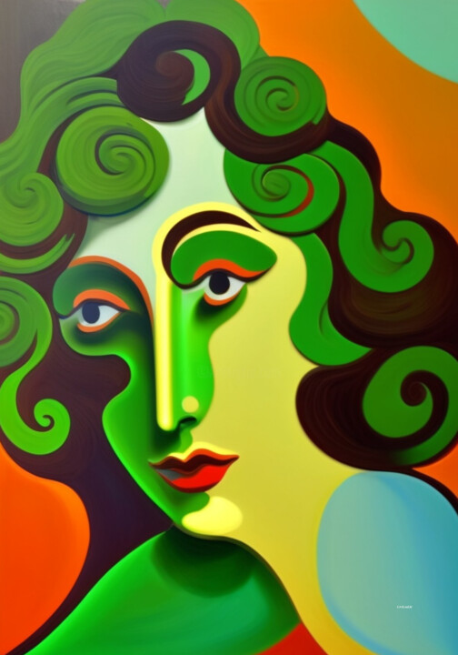 Arts numériques intitulée "Femme au boucles ve…" par Gvilmer, Œuvre d'art originale, Image générée par l'IA