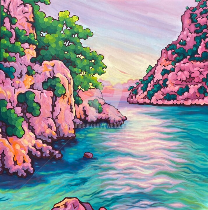 Painting titled "#calanque" by Gwendoline Pieters, Original Artwork, Oil Mounted on Wood Stretcher frame