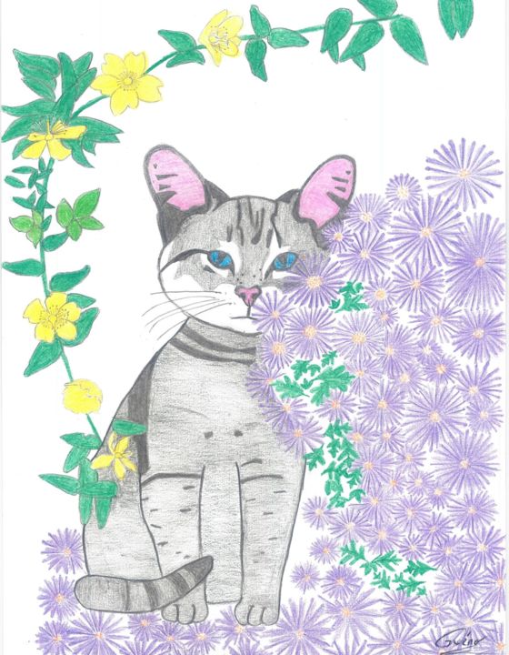 Dessin intitulée "Un chat tout sage ." par Gwenolee Mahe, Œuvre d'art originale, Crayon