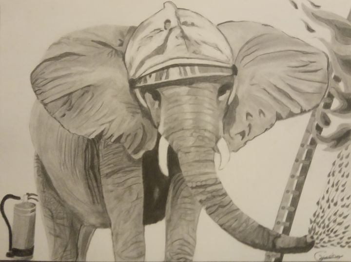 Dessin intitulée "L'éléphant, pompier." par Gwenolee Mahe, Œuvre d'art originale, Crayon