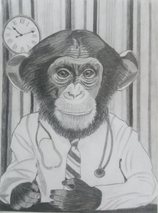 Drawing titled "Le singe, docteur." by Gwenolee Mahe, Original Artwork, Pencil