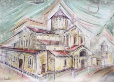 「Gelati Cathedral in…」というタイトルの絵画 Dr István Gyebnárによって, オリジナルのアートワーク