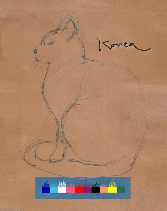 Dessin intitulée "CAT, KOREA" par Gyeongho Kang, Œuvre d'art originale, Stylo à bille