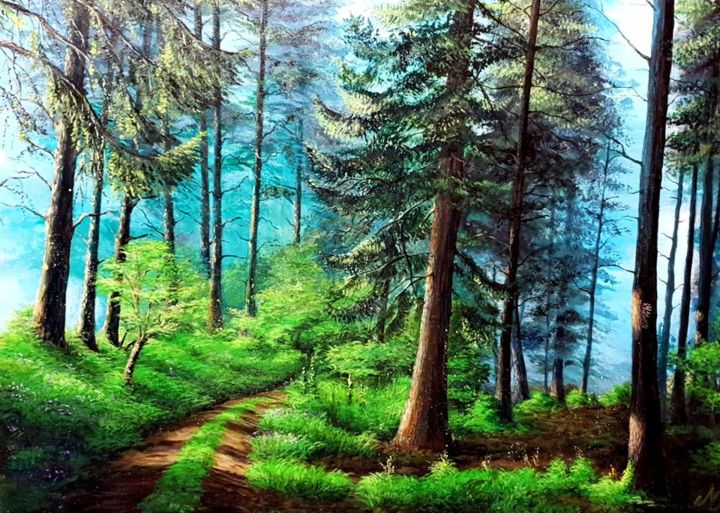 Painting titled "Pine forest" by Györgyi Miklós, Original Artwork, Acrylic Mounted on Wood Panel