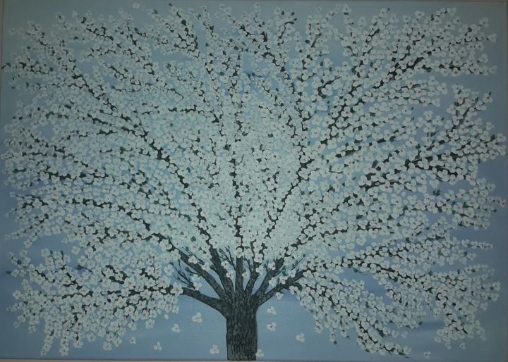 Painting titled "Tree with flowers,…" by Gyongyi Kiss, Original Artwork, Acrylic